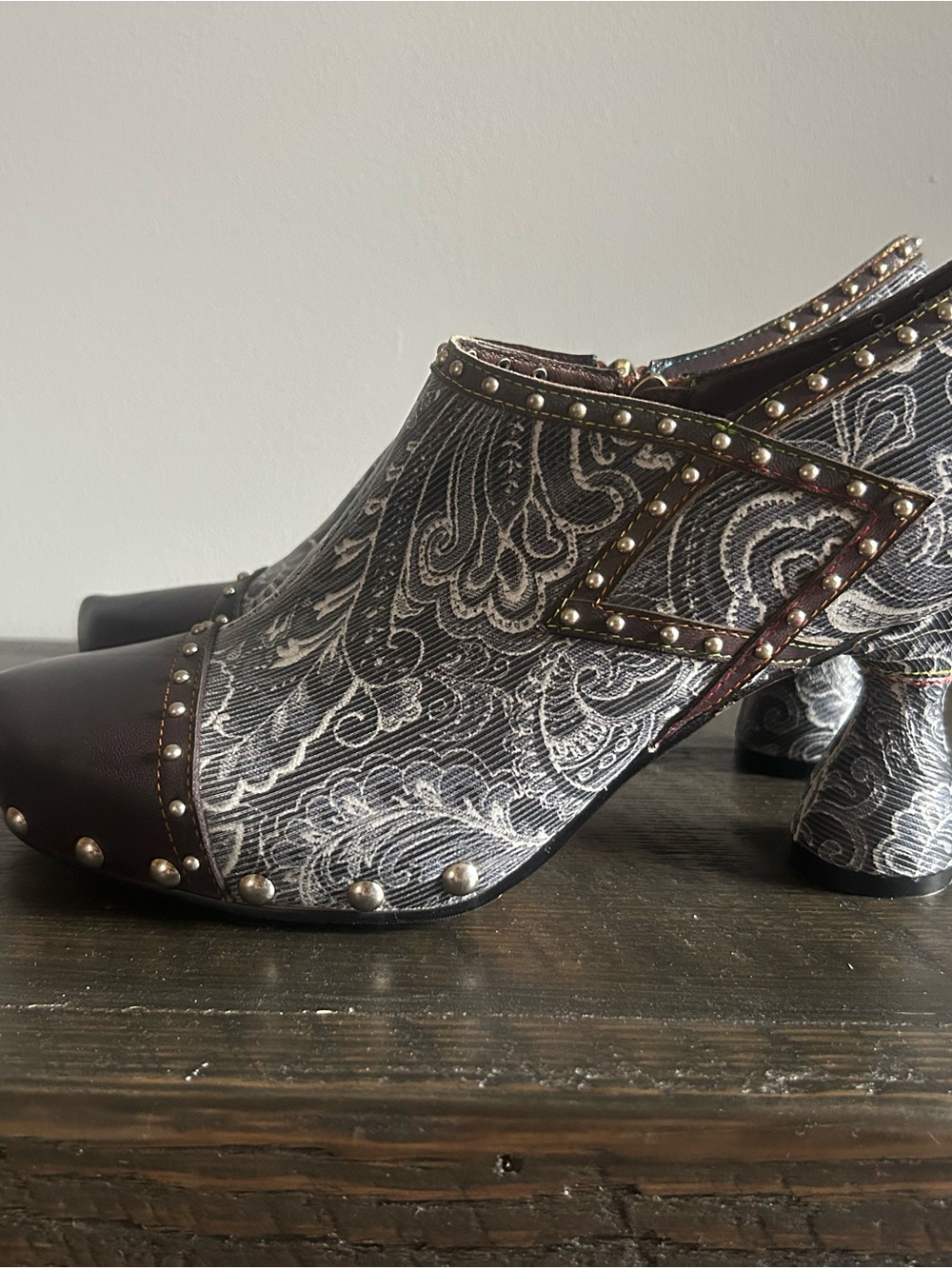 Studded Paisley Pattern Leather Mules - Black and Silver